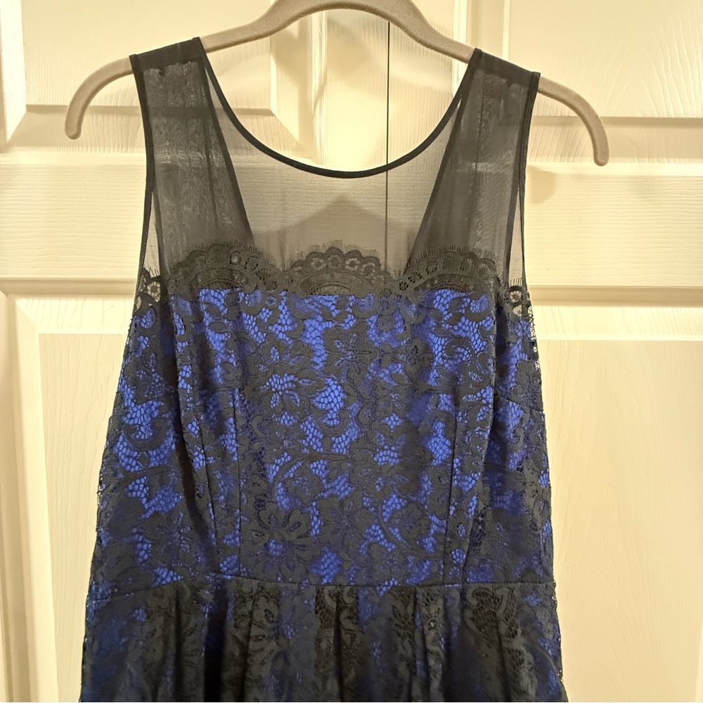 Moulinette Soeurs Anthropologie Sapphire Blue Black Lace Overlay Dress Sz 12 - Picture 4 of 7